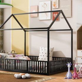 Full Size Metal House Bed With Fence And Door