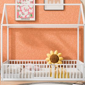 Twin Size Metal House Bed with Fence and Door