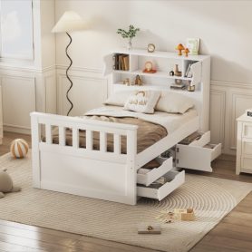 Twin Size Captain Platform Bed Frame with Storage Bookcases and Shelves,Four Drawers