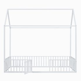 Twin Size Metal House Bed with Fence and Door