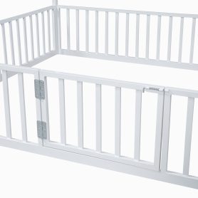 Twin Size Metal House Bed with Fence and Door
