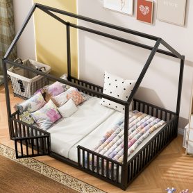 Full Size Metal House Bed With Fence And Door