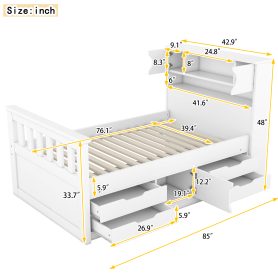 Twin Size Captain Platform Bed Frame with Storage Bookcases and Shelves,Four Drawers