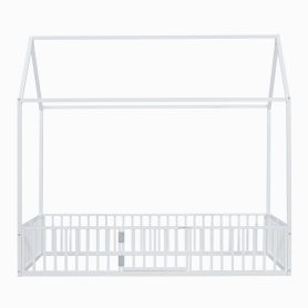 Twin Size Metal House Bed with Fence and Door