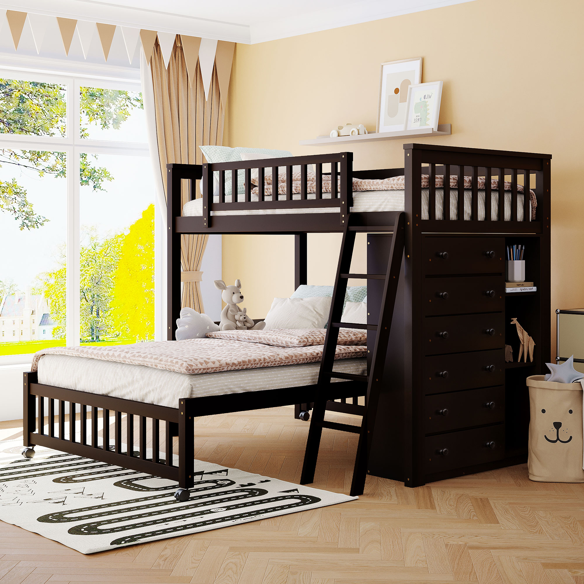 Twin Over Full Bunk Bed With Six Drawers And Flexible Shelves, Bottom Bed With Wheels