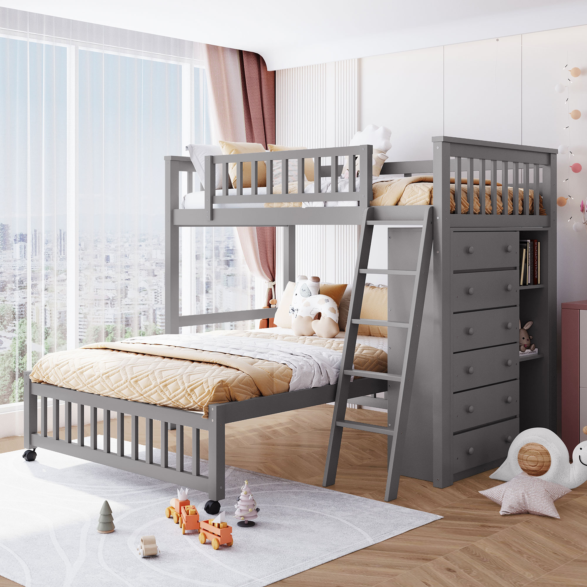 Twin Over Full Bunk Bed With Six Drawers And Flexible Shelves, Bottom Bed With Wheels