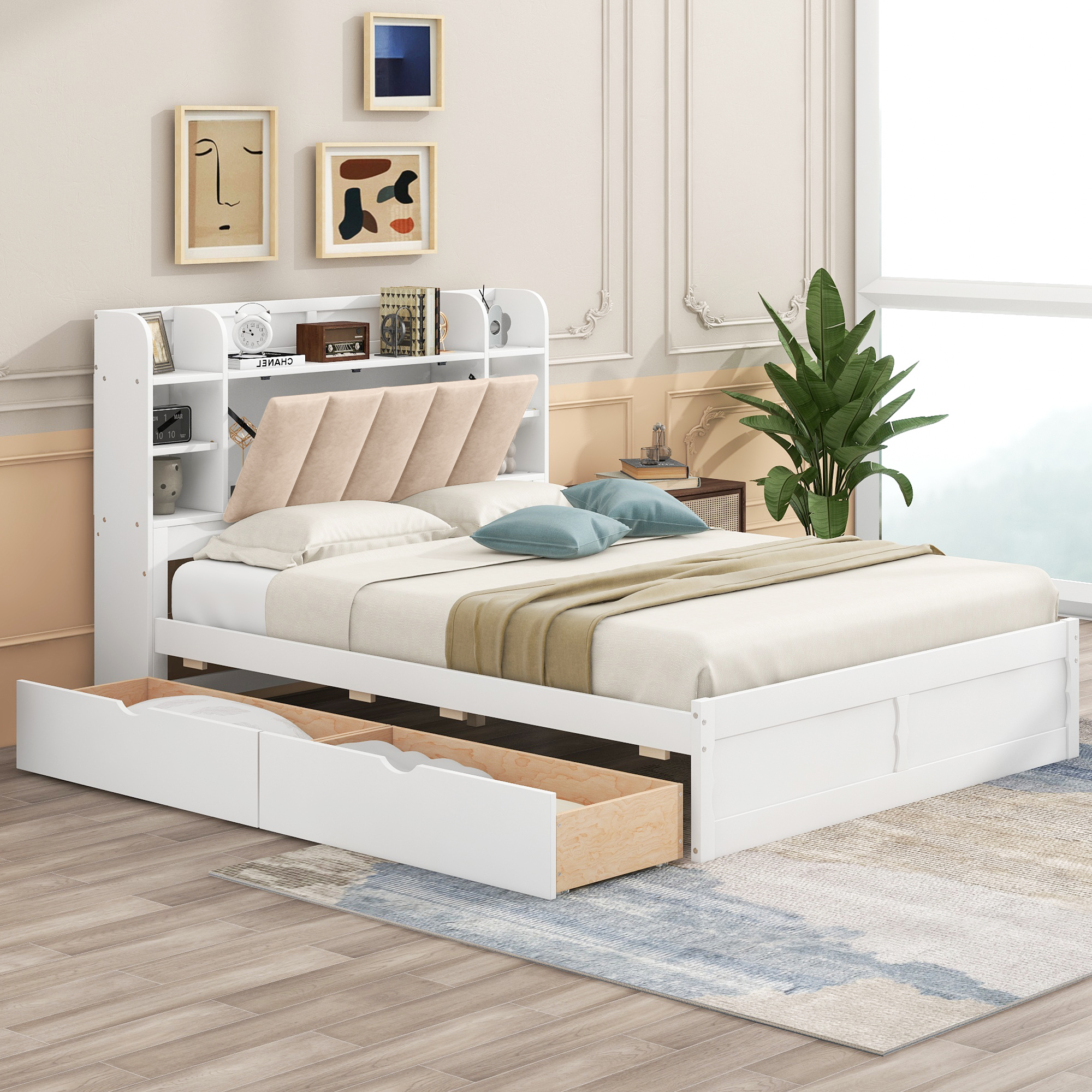 Wood Queen Size Platform Bed with Storage Headboard, Shelves and 2 Drawers