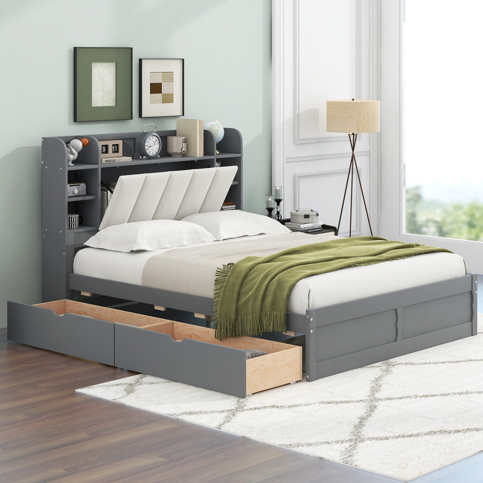 Wood Queen Size Platform Bed with Storage Headboard, Shelves and 2 Drawers