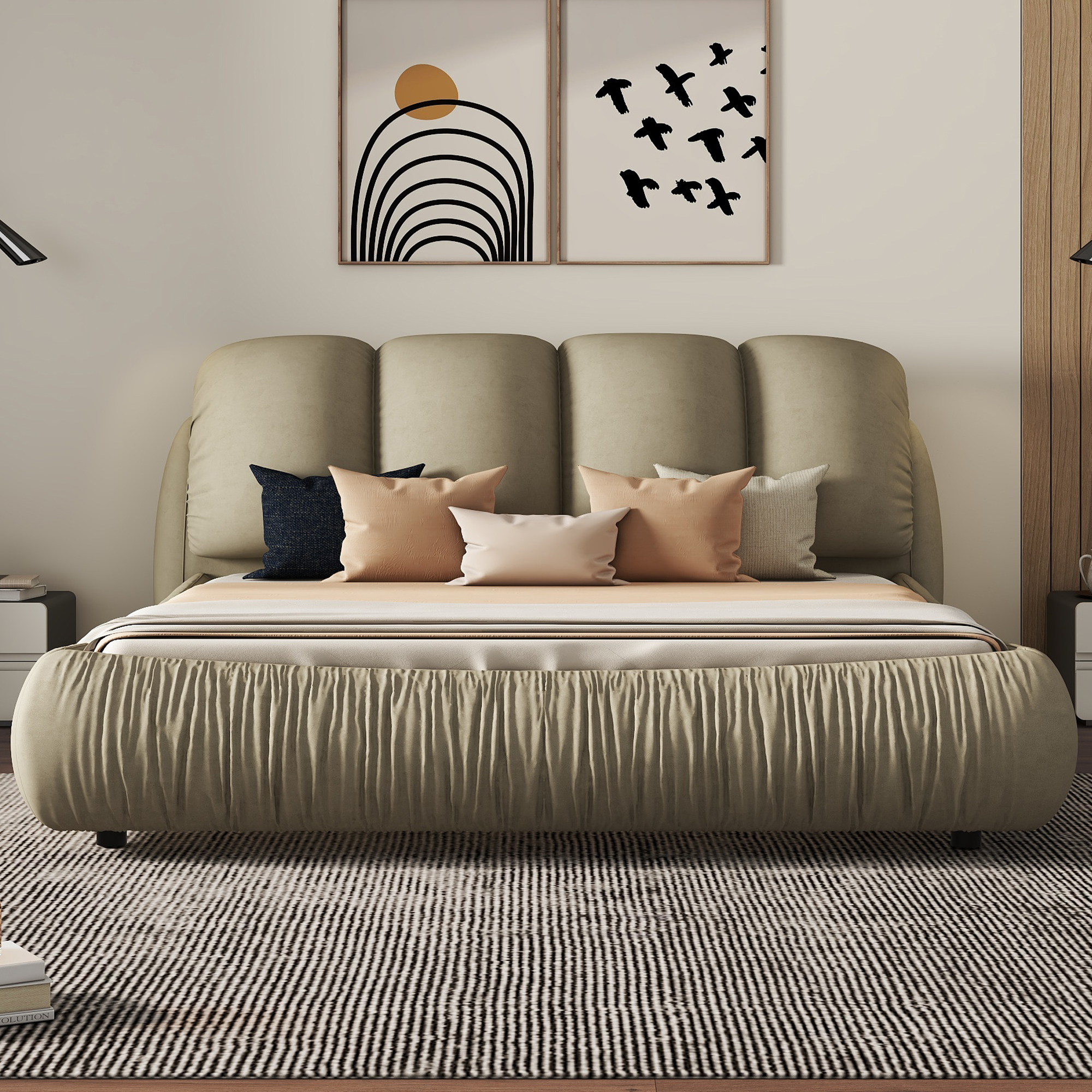 Queen Size Luxury Upholstered Bed With Thick Headboard