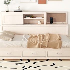 Full Size Wooden Daybed With 3 Storage Drawers, Upper Soft Board, Shelf, And A Set Of Sockets And USB Ports