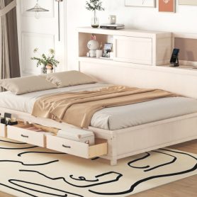 Full Size Wooden Daybed With 3 Storage Drawers, Upper Soft Board, Shelf, And A Set Of Sockets And USB Ports