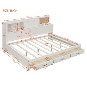Full Size Wooden Daybed With 3 Storage Drawers, Upper Soft Board, Shelf, And A Set Of Sockets And USB Ports