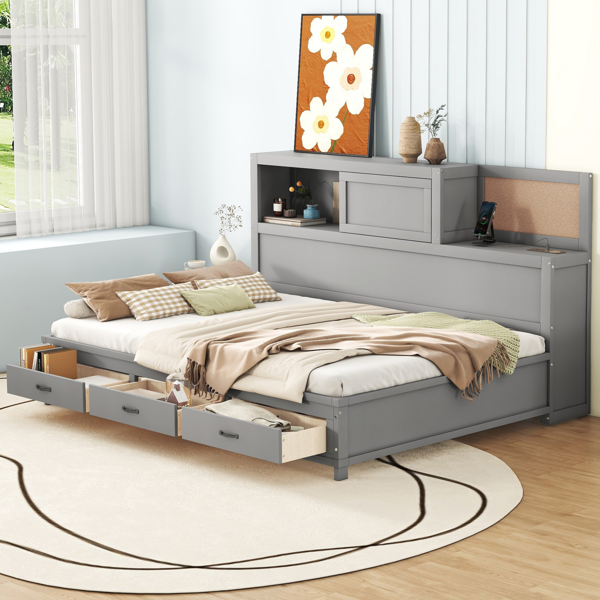 Full Size Wooden Daybed With 3 Storage Drawers, Upper Soft Board, Shelf, And A Set Of Sockets And USB Ports