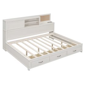 Full Size Wooden Daybed With 3 Storage Drawers, Upper Soft Board, Shelf, And A Set Of Sockets And USB Ports