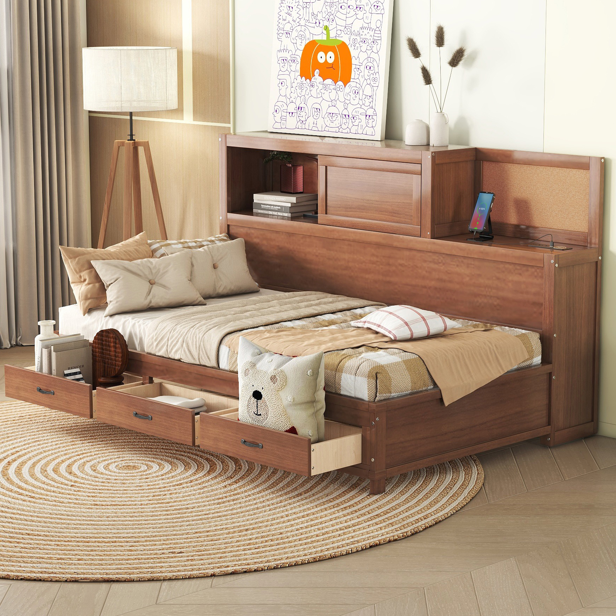 Twin Size Wooden Daybed With 3 Storage Drawers, Upper Soft Board, Shelf, And A Set Of Sockets And USB Ports