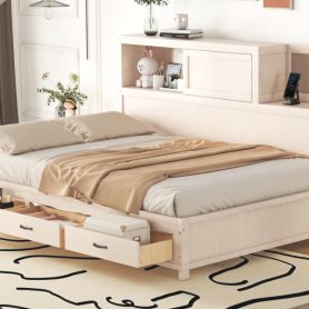 Full Size Wooden Daybed With 3 Storage Drawers, Upper Soft Board, Shelf, And A Set Of Sockets And USB Ports