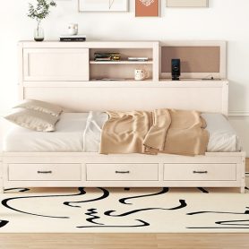 Full Size Wooden Daybed With 3 Storage Drawers, Upper Soft Board, Shelf, And A Set Of Sockets And USB Ports