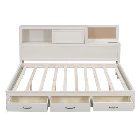 Full Size Wooden Daybed With 3 Storage Drawers, Upper Soft Board, Shelf, And A Set Of Sockets And USB Ports