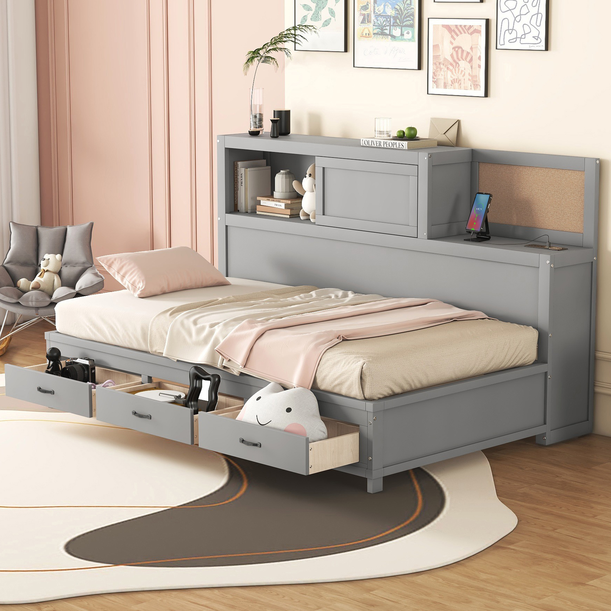 Twin Size Wooden Daybed With 3 Storage Drawers, Upper Soft Board, Shelf, And A Set Of Sockets And USB Ports