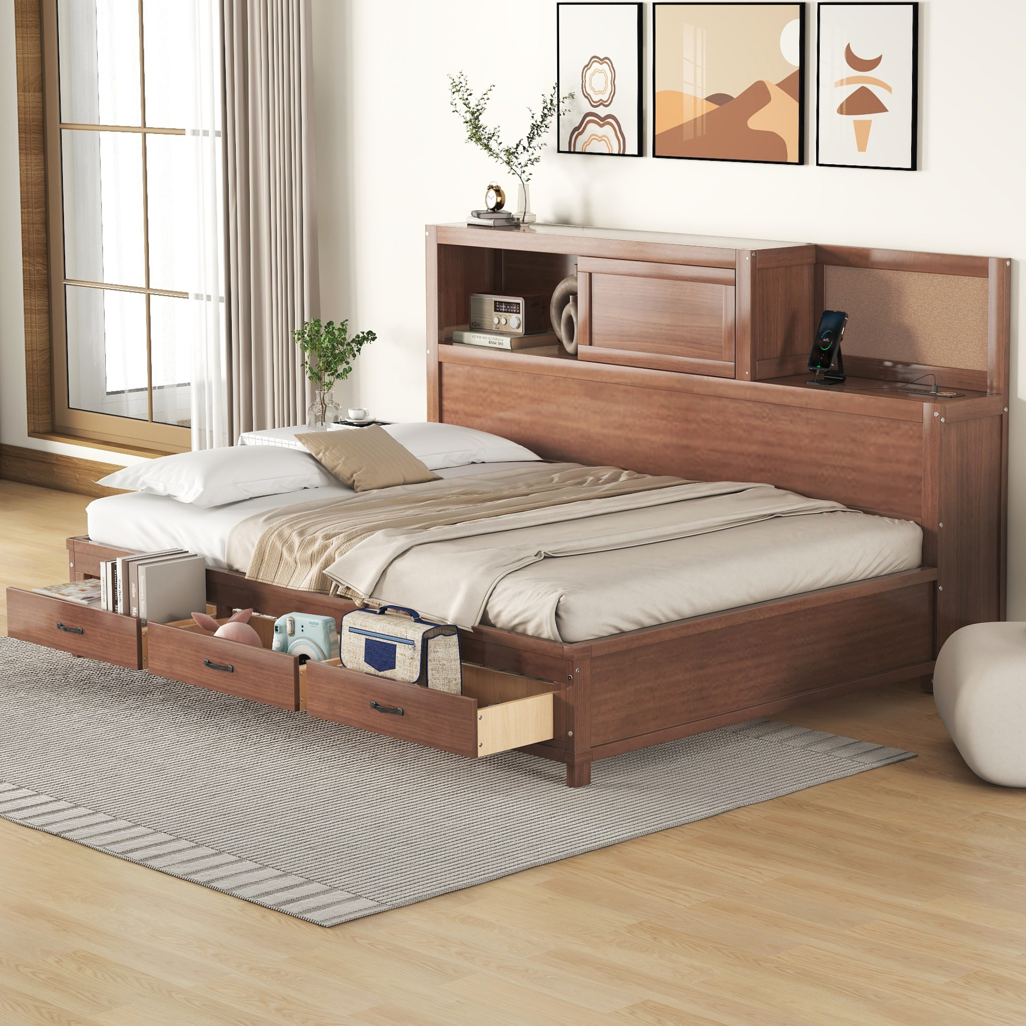 Full Size Wooden Daybed With 3 Storage Drawers, Upper Soft Board, Shelf, And A Set Of Sockets And USB Ports
