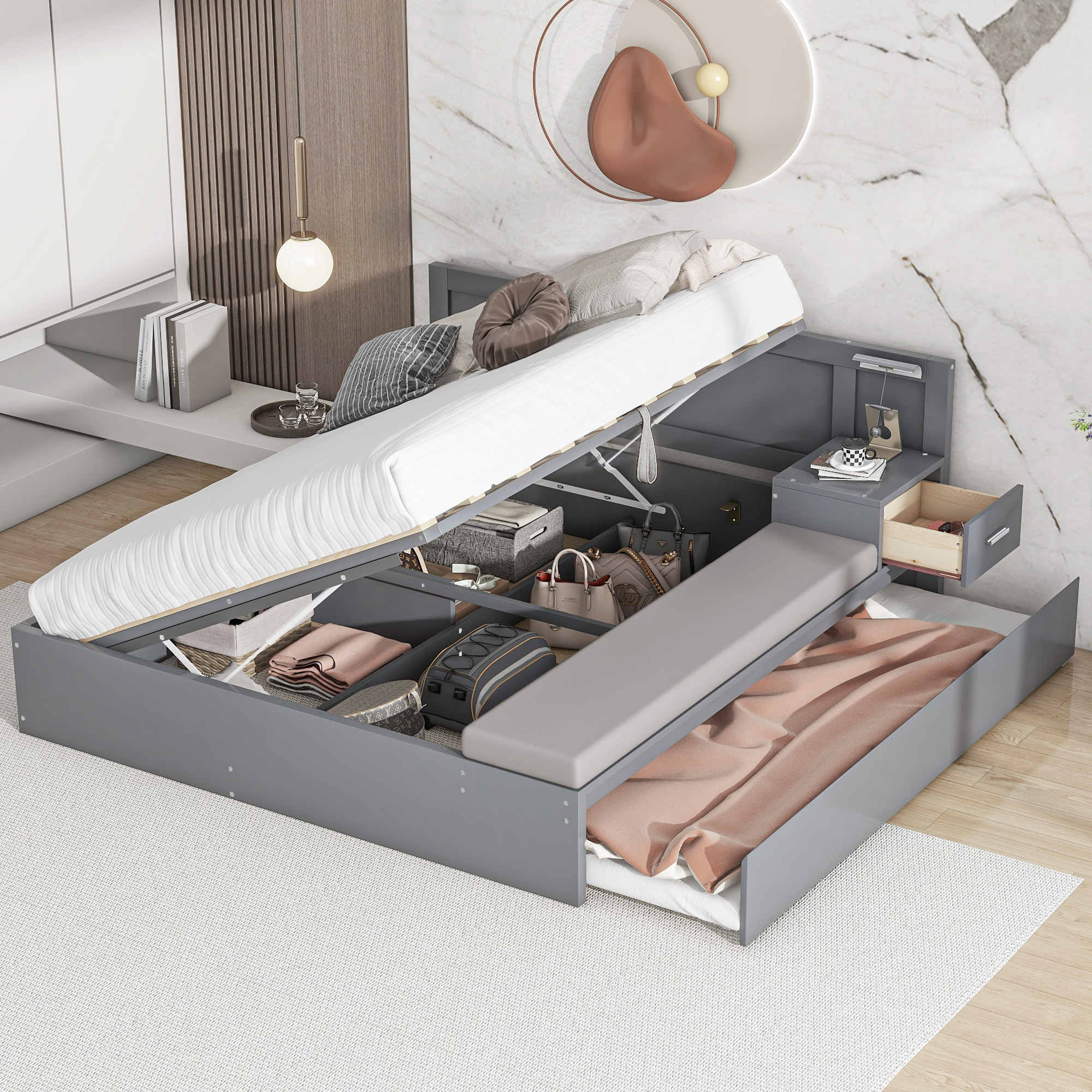 Full Size Wood Storage Hydraulic Platform Bed with Twin Size Trundle, Side Table and Lounge