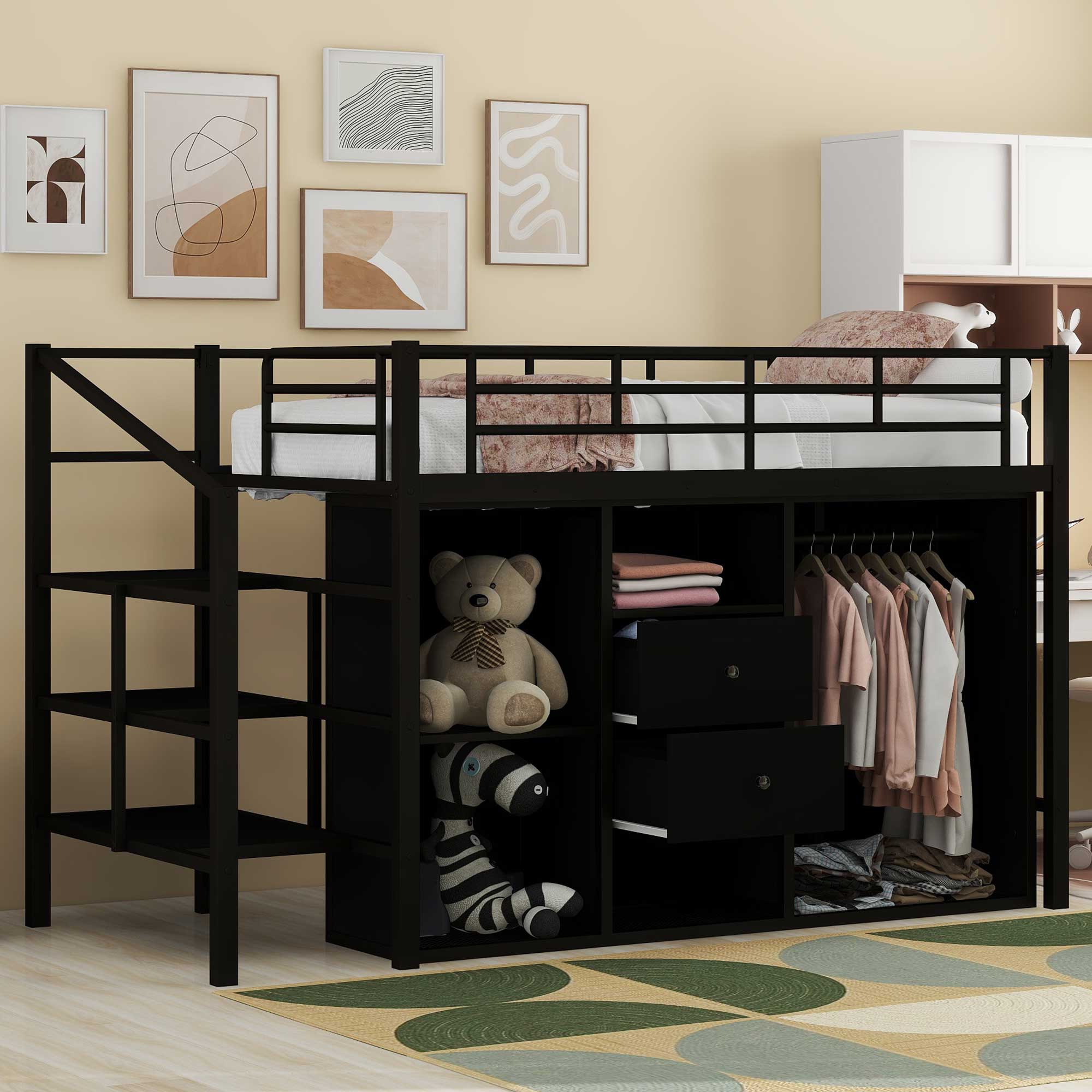 Twin Size Metal Loft Bed With Drawers, Storage Staircase And Small Wardrobe