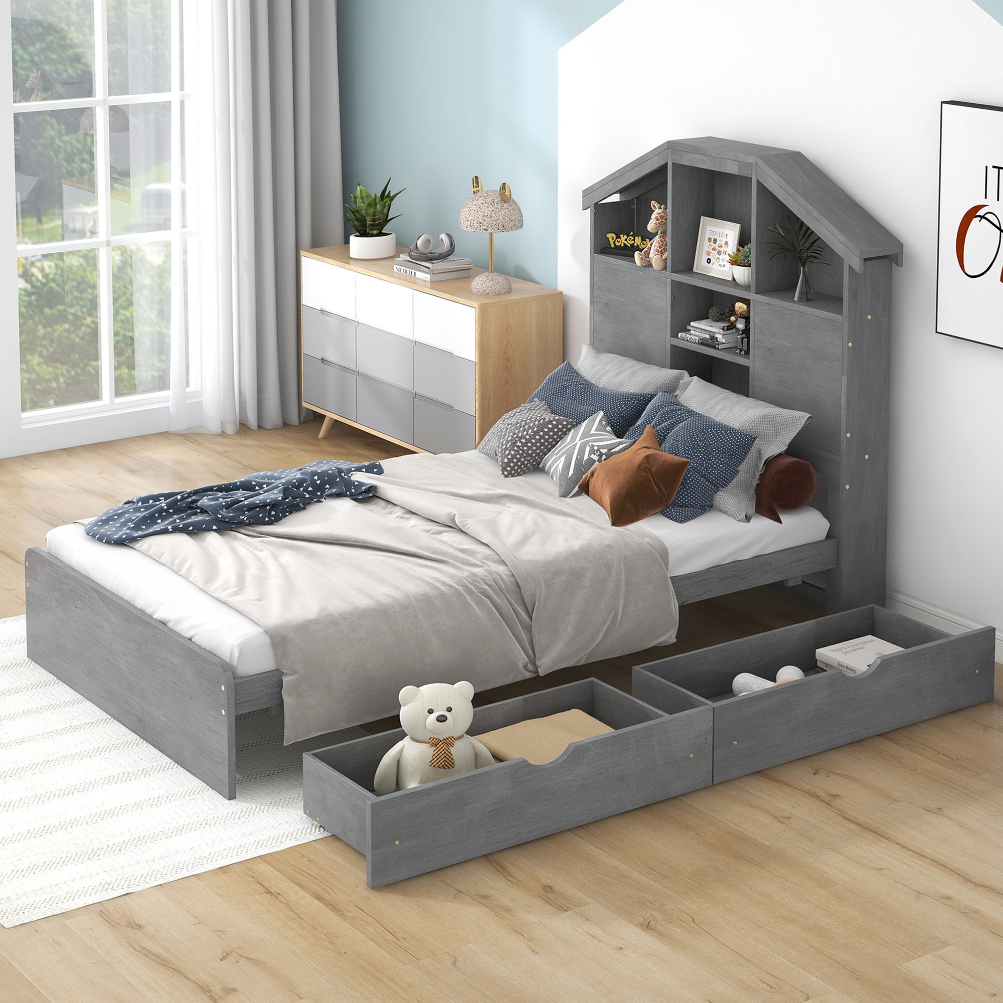Twin Size Wood Platform Bed with House-shaped Storage Headboard and 2 Drawers