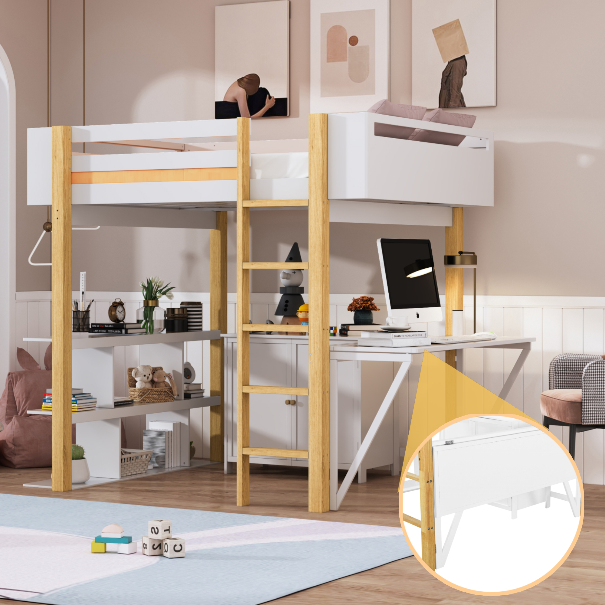 Full Size Wood Loft Bed With Built-in Storage Cabinet And Cubes, Foldable Desk