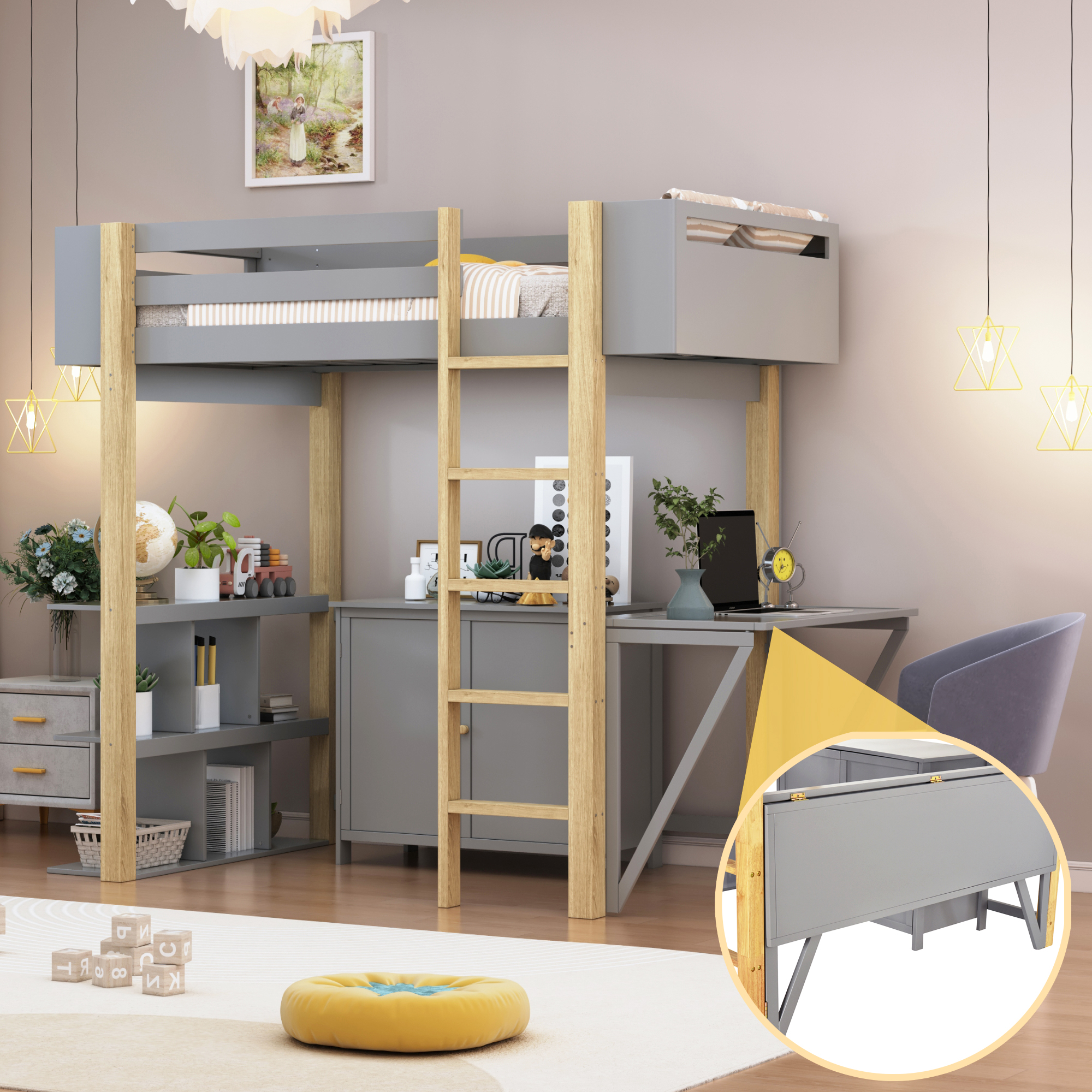 Twin Size Wood Loft Bed With Built-in Storage Cabinet and Cubes, Foldable Desk