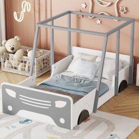 Wooden Twin Size Car-shaped Bed With Roof