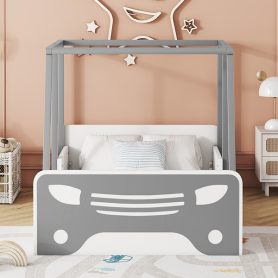 Wooden Twin Size Car-shaped Bed With Roof