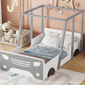 Wooden Twin Size Car-shaped Bed With Roof