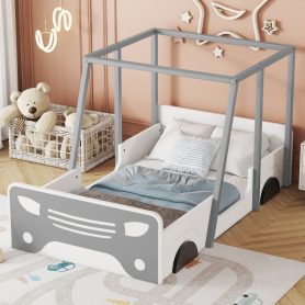 Wooden Twin Size Car-shaped Bed With Roof