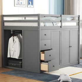 Full Size Wood Loft Bed With Built-in Wardrobes, Cabinets and Drawers