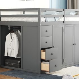 Full Size Wood Loft Bed With Built-in Wardrobes, Cabinets and Drawers