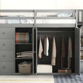 Full Size Wood Loft Bed With Built-in Wardrobes, Cabinets and Drawers