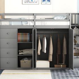 Full Size Wood Loft Bed With Built-in Wardrobes, Cabinets and Drawers