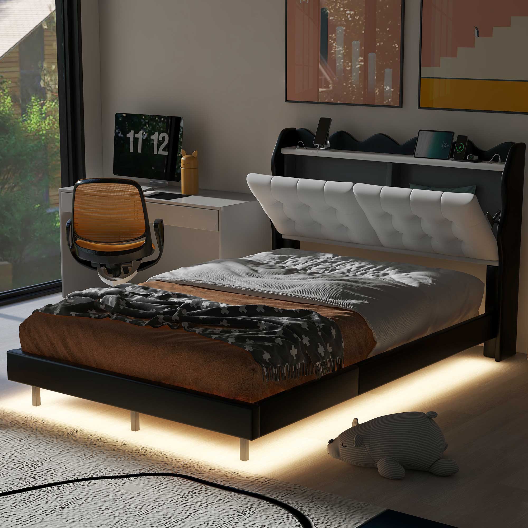 Full Size Upholstery Platform Bed Frame with LED Light Strips and Built-in Storage Space