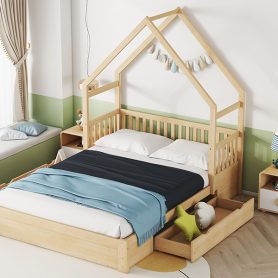 Wood Queen Size House Platform Bed with Guardrail and 2 Drawers