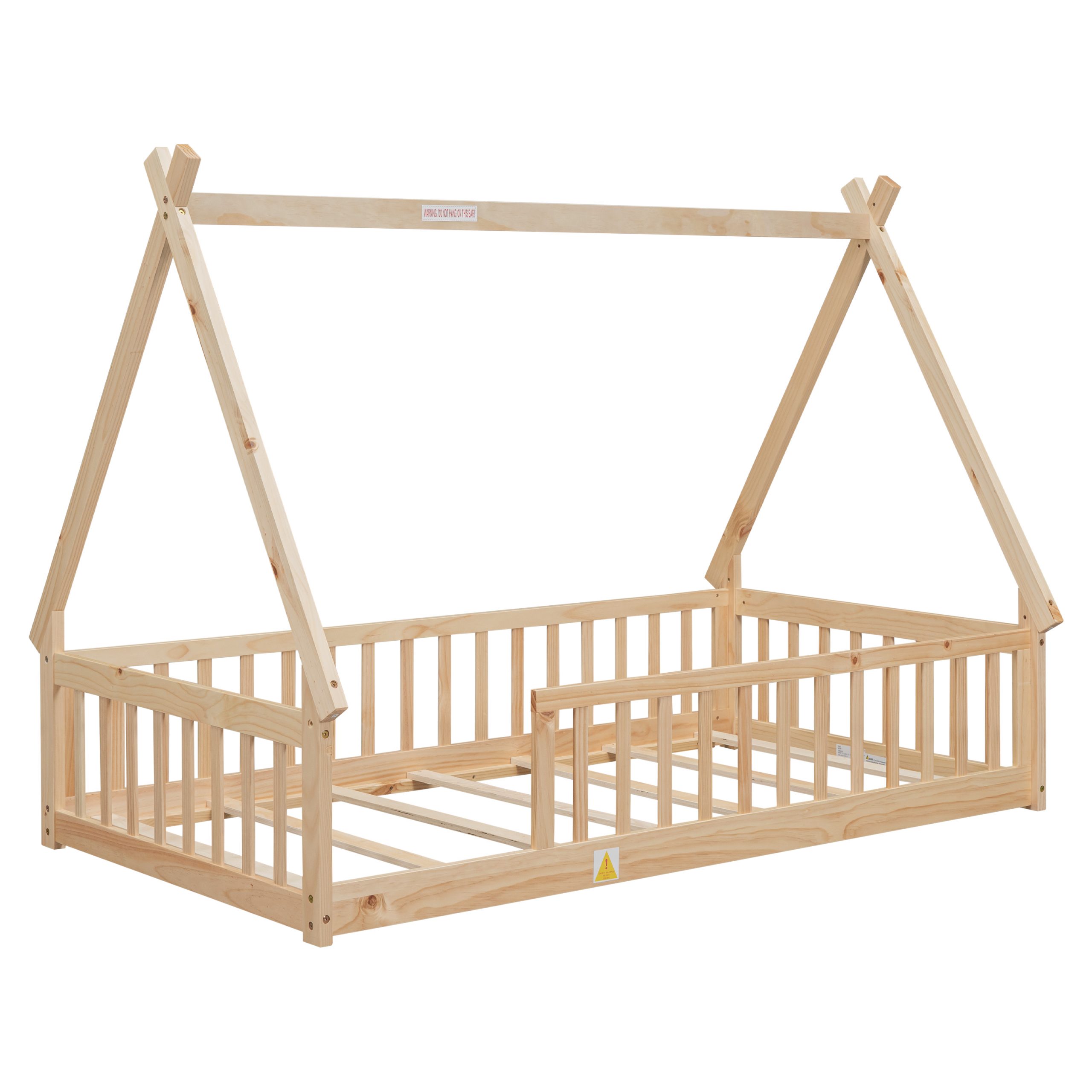 Twin Tent-Shaped Floor Bed, Teepee Bed With Guardrails, Slats