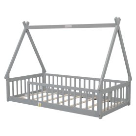 Twin Tent-Shaped Floor Bed, Teepee Bed With Guardrails, Slats