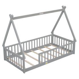 Twin Tent-Shaped Floor Bed, Teepee Bed With Guardrails, Slats