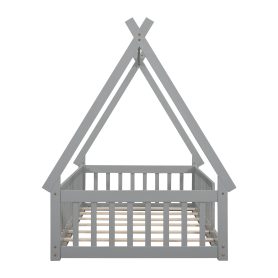 Twin Tent-Shaped Floor Bed, Teepee Bed With Guardrails, Slats