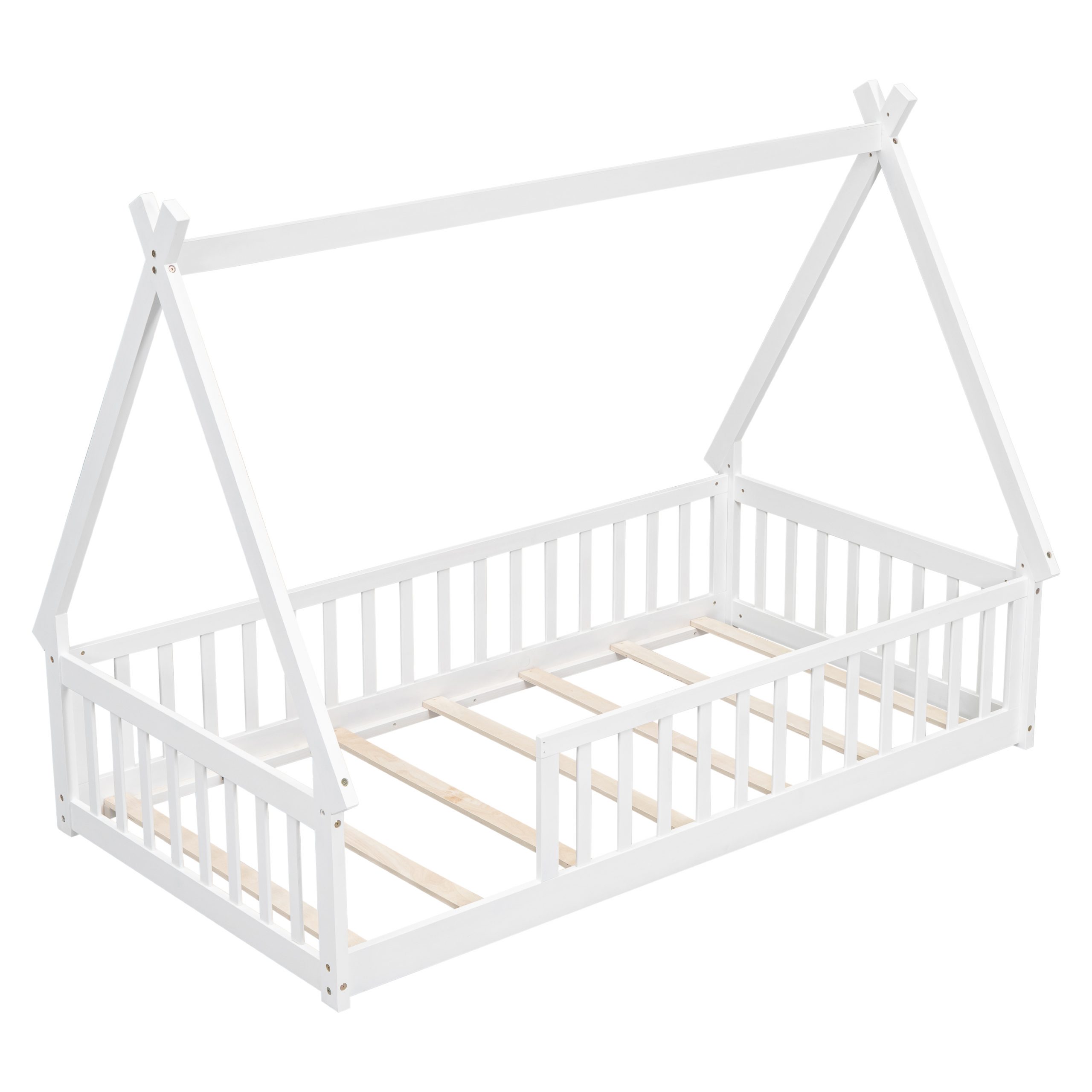 Twin Tent-Shaped Floor Bed, Teepee Bed With Guardrails, Slats