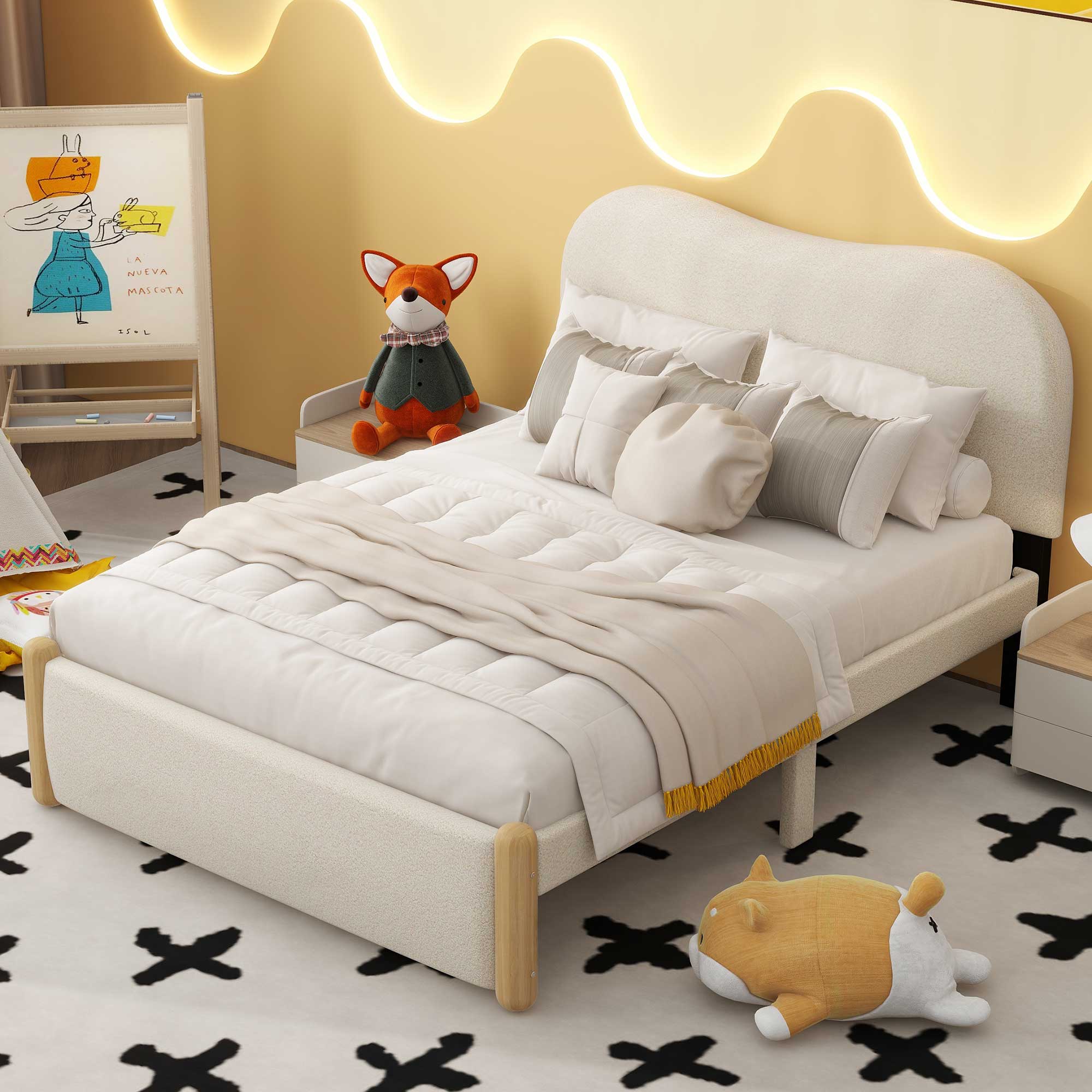 Full Size Upholstered Platform Bed with Wood Supporting Feet