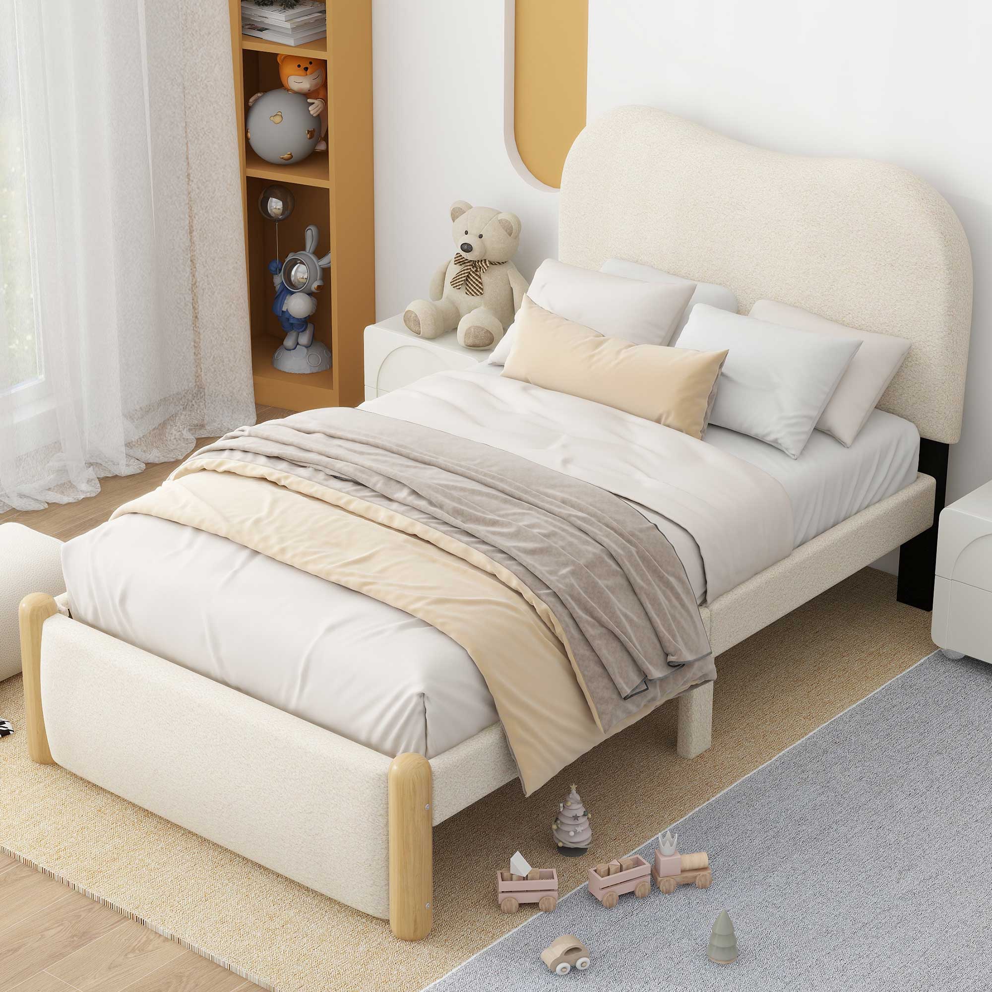 Twin Size Upholstered Platform Bed with Wood Supporting Feet