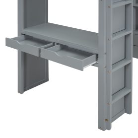 Full Size Loft Bed With Large Shelves, Writing Desk And LED Light