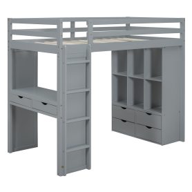 Full Size Loft Bed With Large Shelves, Writing Desk And LED Light