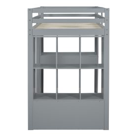 Full Size Loft Bed With Large Shelves, Writing Desk And LED Light