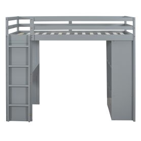 Full Size Loft Bed With Large Shelves, Writing Desk And LED Light